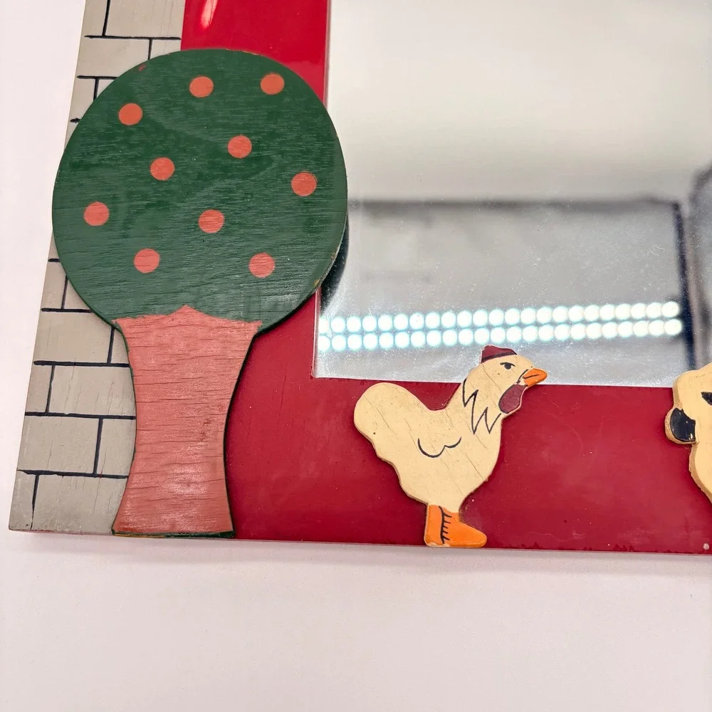Vintage Red Barn Wood Mirror Farmhouse Nursery Decor Animal Folk Art Wall Mount